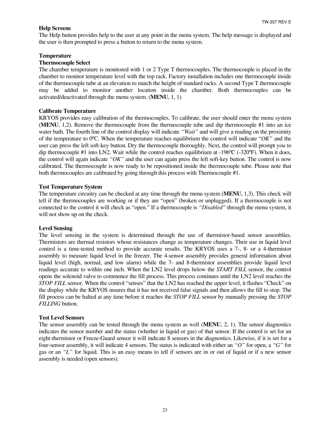 Taylor TW-357 Help Screens, Temperature Thermocouple Select, Calibrate Temperature, Test Temperature System, Level Sensing 