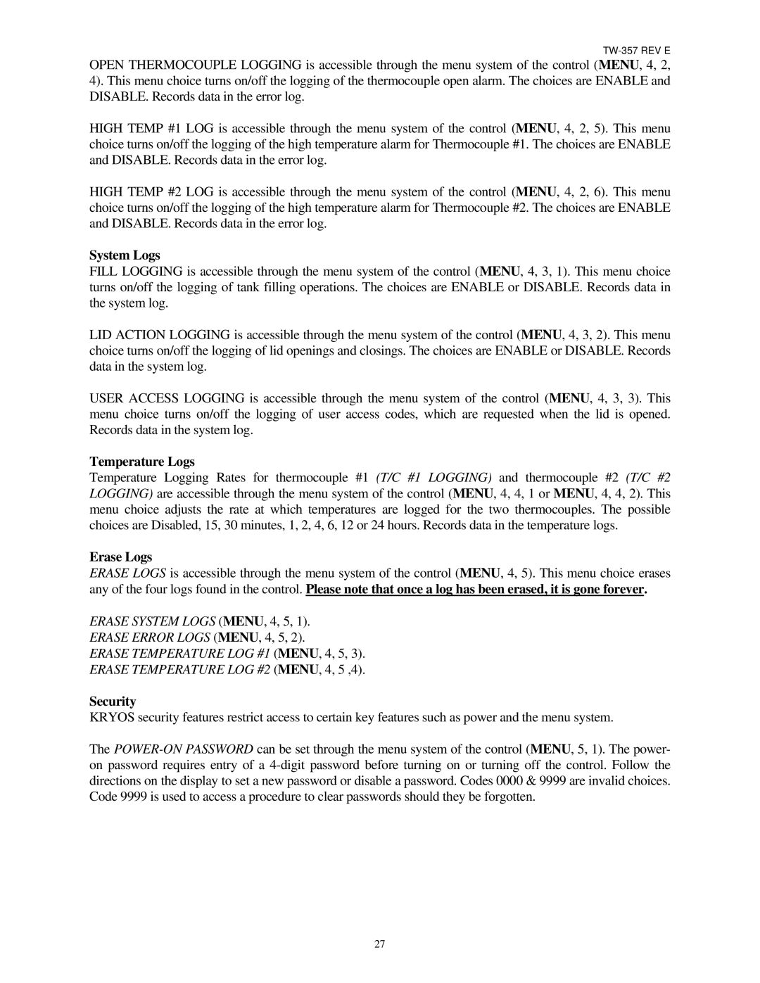 Taylor TW-357 manual System Logs, Temperature Logs, Erase Logs, Security 
