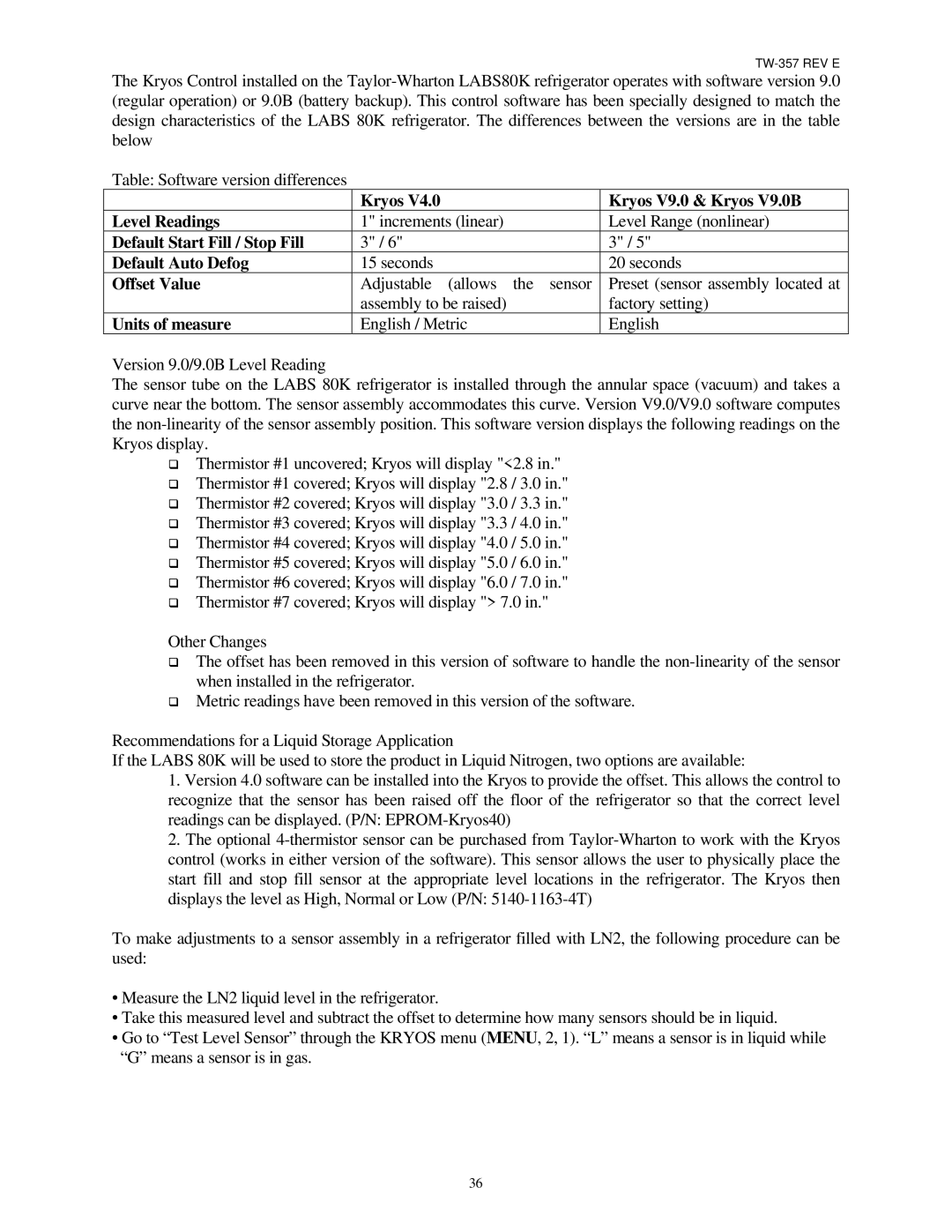 Taylor TW-357 manual Kryos Kryos V9.0 & Kryos V9.0B Level Readings, Default Start Fill / Stop Fill Default Auto Defog 