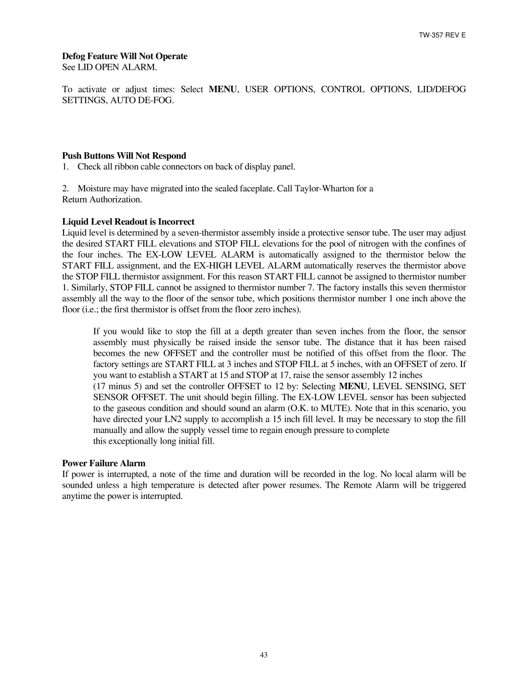 Taylor TW-357 manual Defog Feature Will Not Operate, Push Buttons Will Not Respond, Liquid Level Readout is Incorrect 