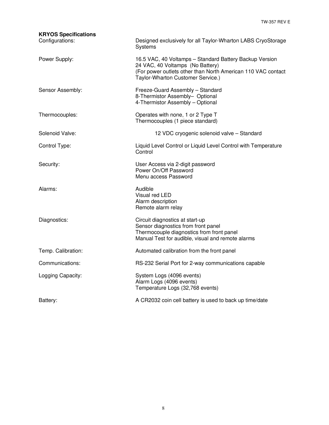 Taylor TW-357 manual Kryos Specifications 