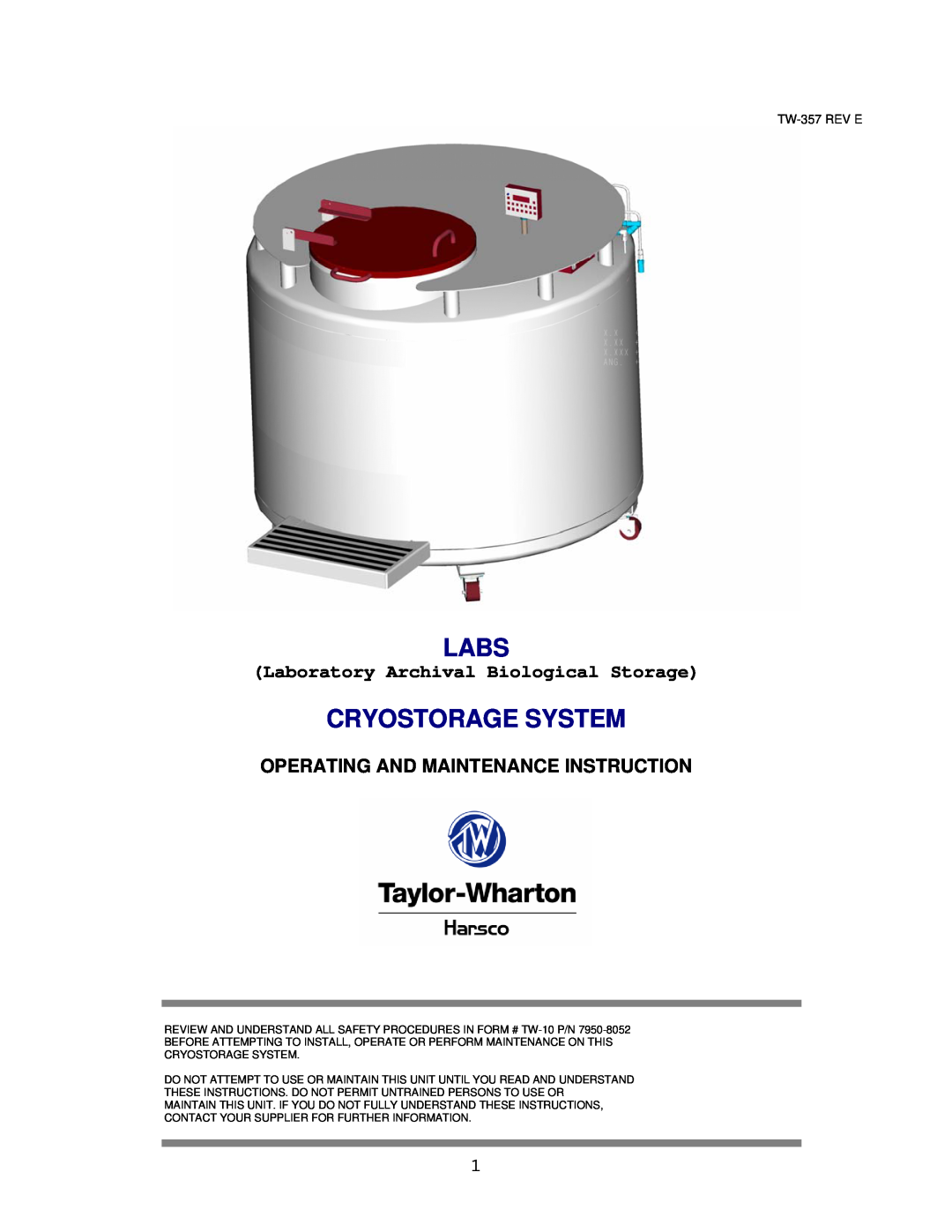 Taylor manual Laboratory Archival Biological Storage, Labs, Cryostorage System, TW-357 REV E 