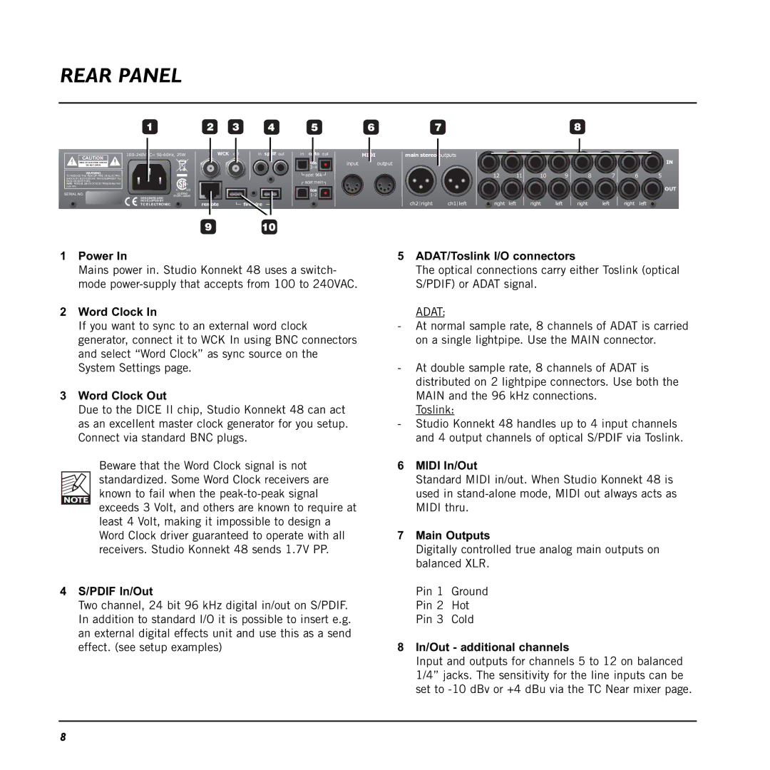 TC electronic SDN BHD 48 user manual Rear Panel 