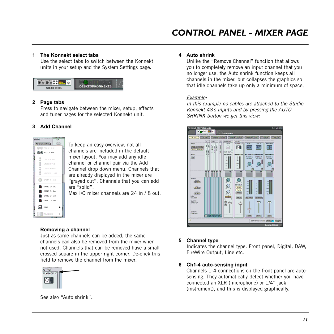 TC electronic SDN BHD 48 user manual Konnekt select tabs, Tabs, Add Channel, Removing a channel, Auto shrink, Channel type 