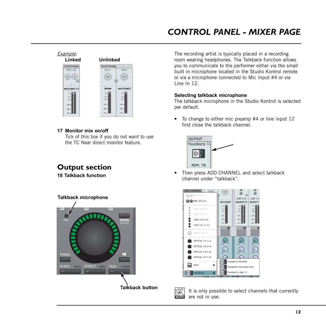 TC electronic SDN BHD 48 Output section, Linked Unlinked Monitor mix on/off, Talkback function Talkback microphone 