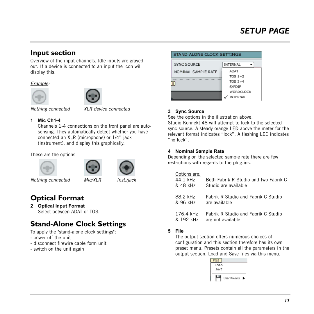 TC electronic SDN BHD 48 user manual Input section, Optical Format, Stand-Alone Clock Settings 