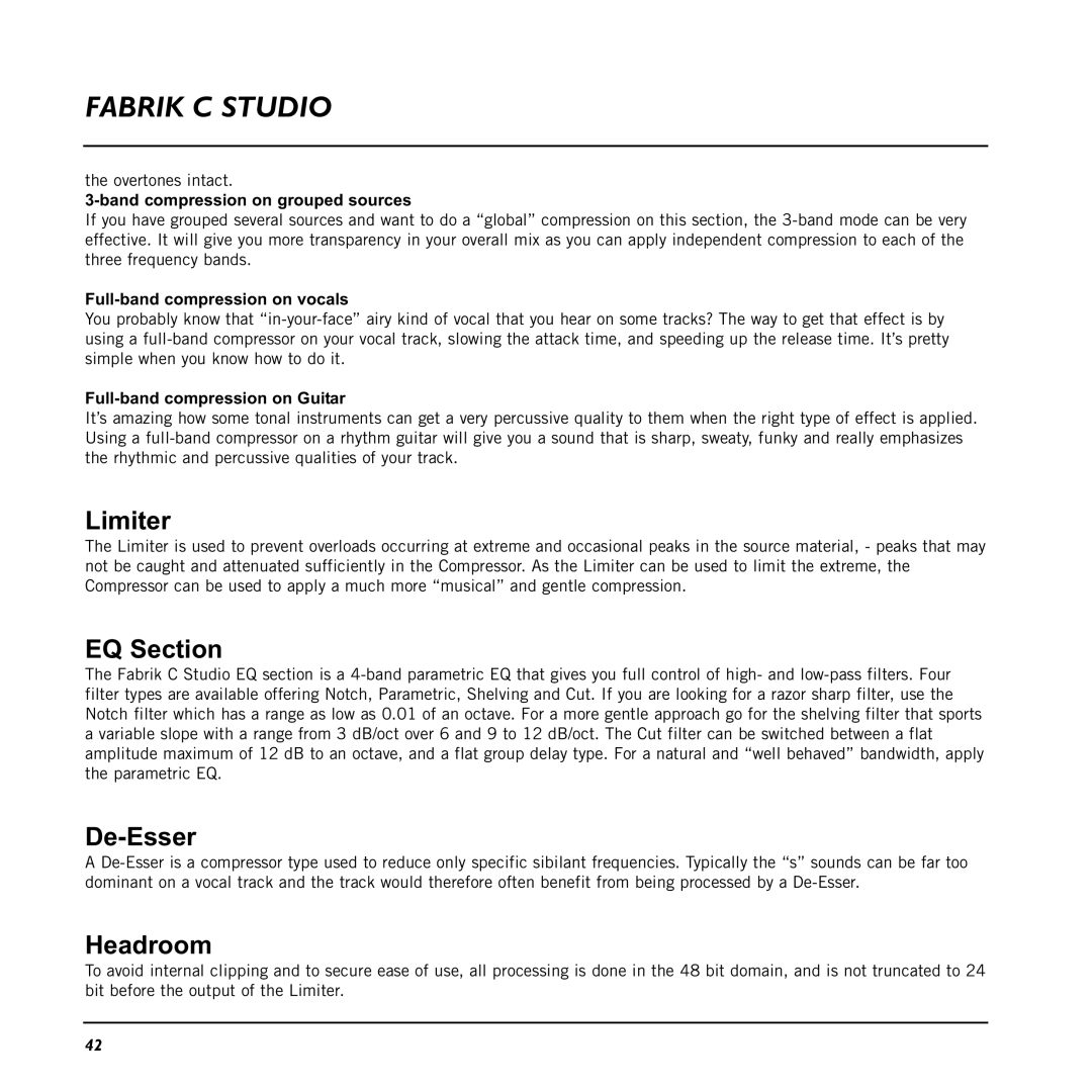 TC electronic SDN BHD 48 user manual Limiter, EQ Section, De-Esser, Headroom 