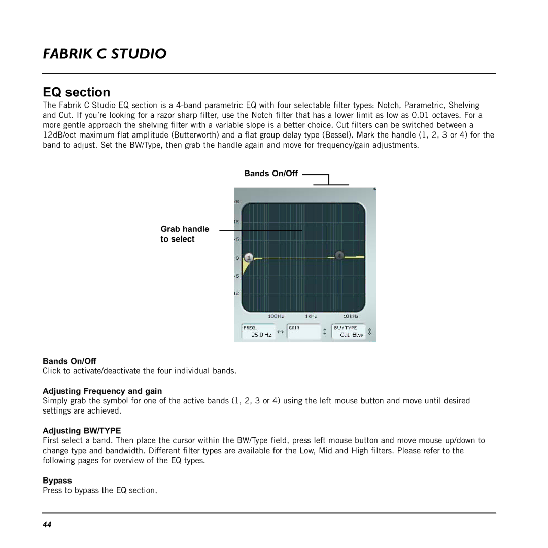 TC electronic SDN BHD 48 Bands On/Off Grab handle to select, Adjusting Frequency and gain, Adjusting BW/TYPE, Bypass 