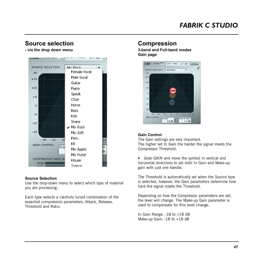 TC electronic SDN BHD 48 user manual Source selection, Compression, Via the drop down menu Source Selection 