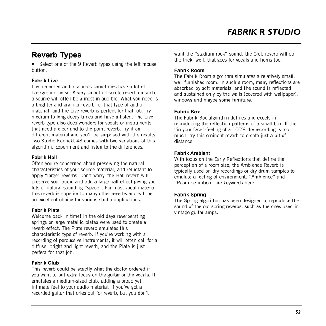 TC electronic SDN BHD 48 user manual Reverb Types 