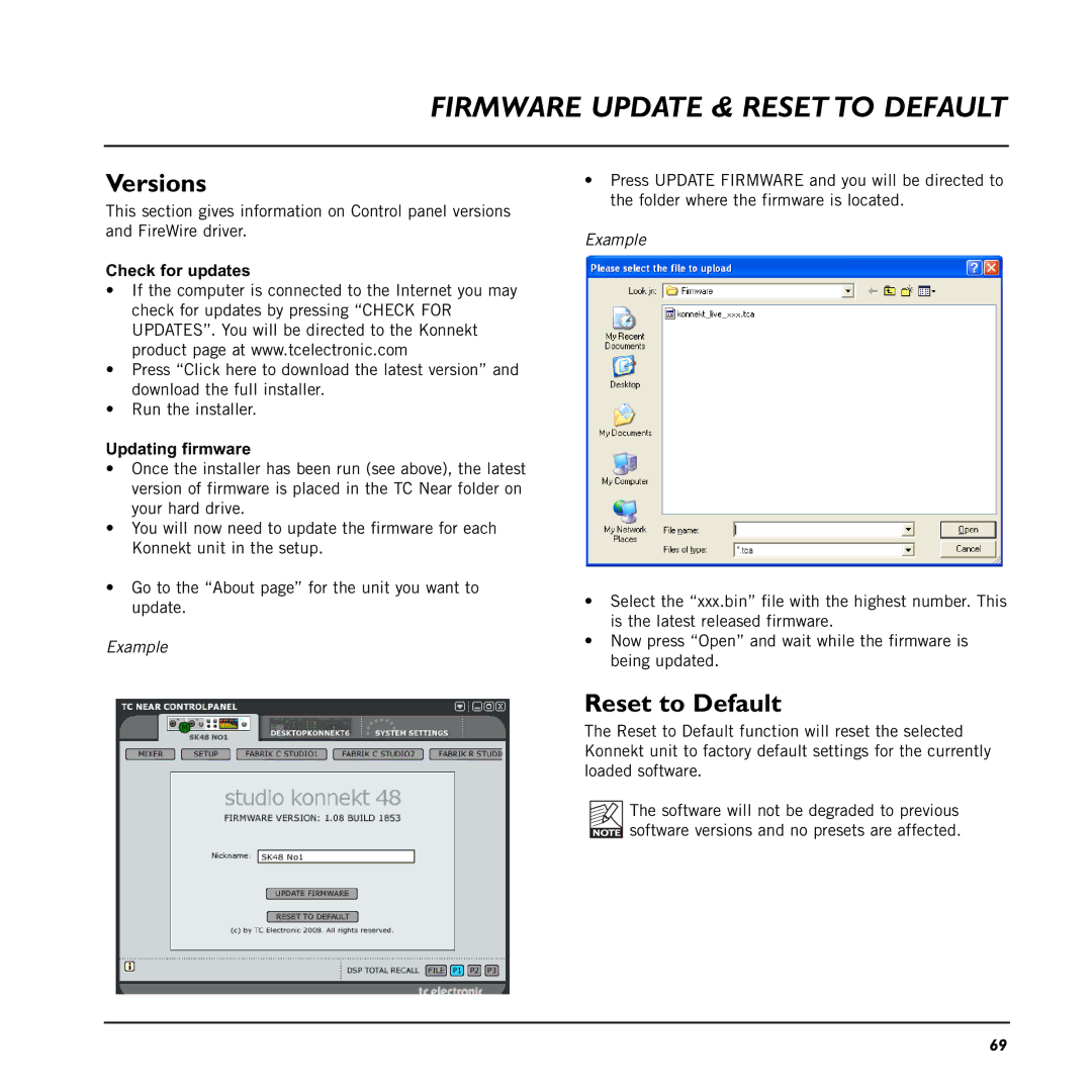 TC electronic SDN BHD 48 user manual Firmware Update & Resetto Default, Versions, Reset to Default, Check for updates 