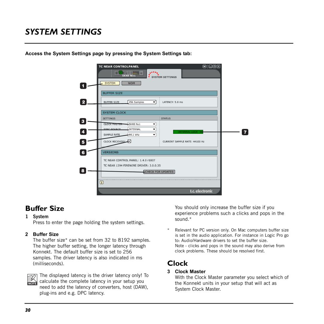 TC electronic SDN BHD 48 user manual System Settings, 1System, 2Buffer Size, 3Clock Master 