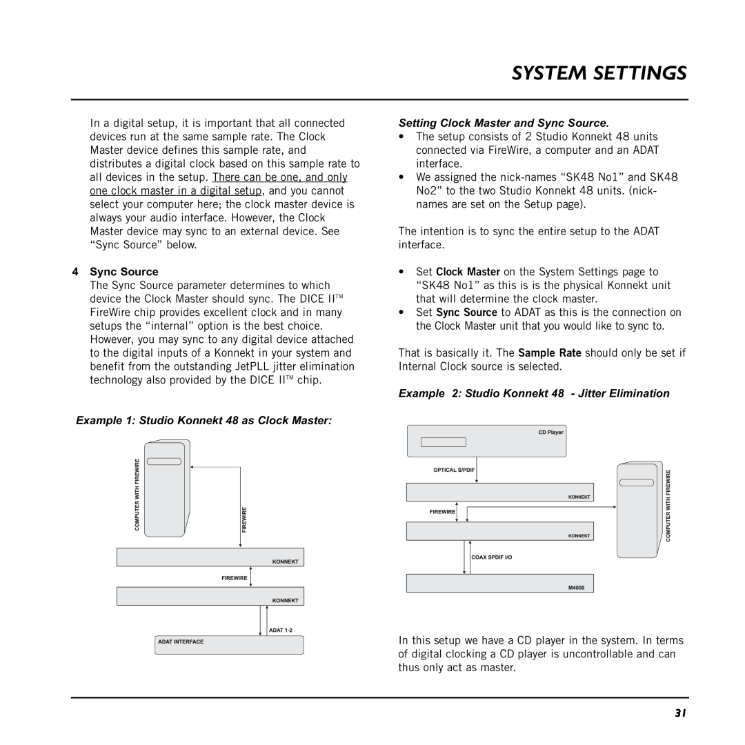 TC electronic SDN BHD user manual 4Sync Source, System Settings, Example 1 Studio Konnekt 48 as Clock Master 