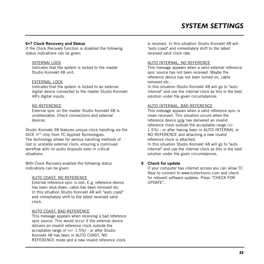 TC electronic SDN BHD 48 user manual 6+7 Clock Recovery and Status, 8Check for update, System Settings 