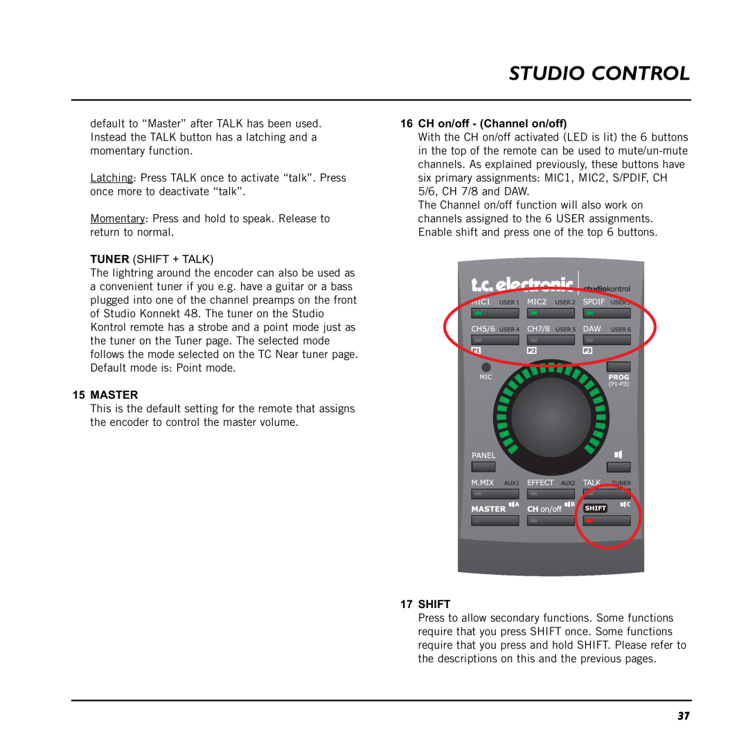 TC electronic SDN BHD 48 user manual Studio Control, 15MASTER, 16CH on/off - Channel on/off, 17SHIFT 