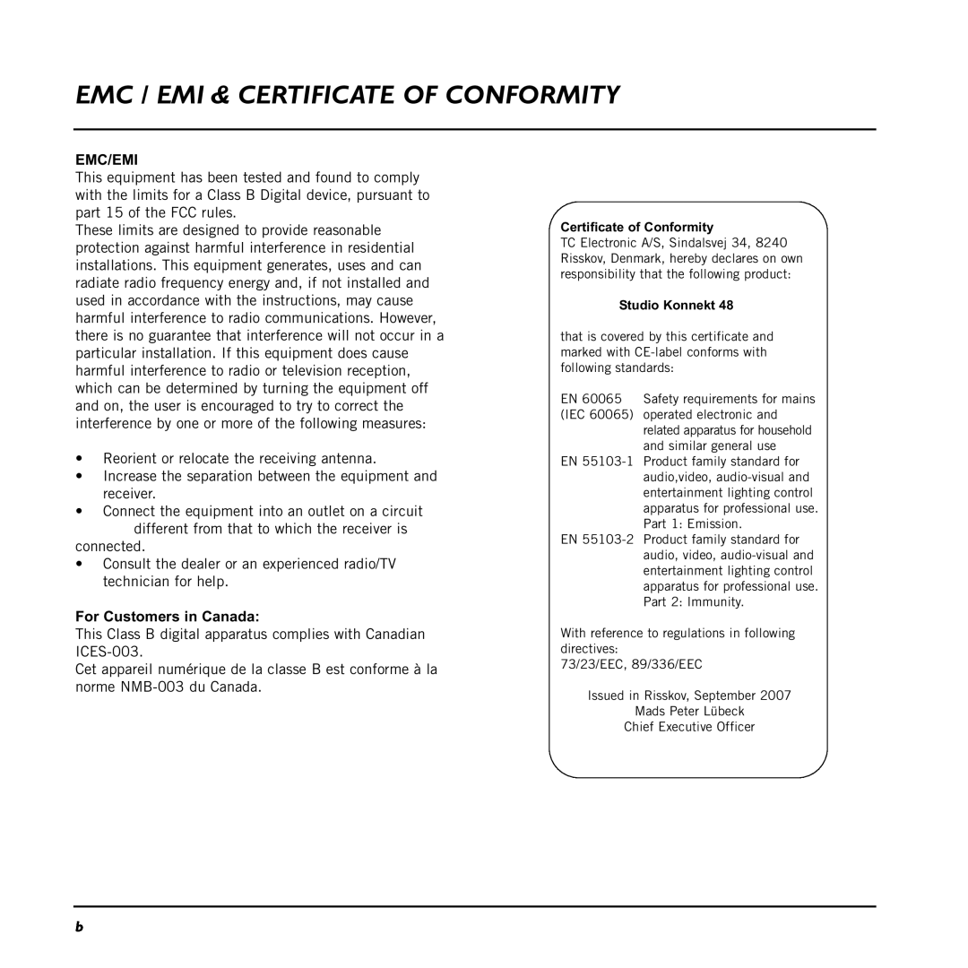 TC electronic SDN BHD 48 user manual Emc / Emi & Certificate Of Conformity, Emc/Emi, For Customers in Canada 