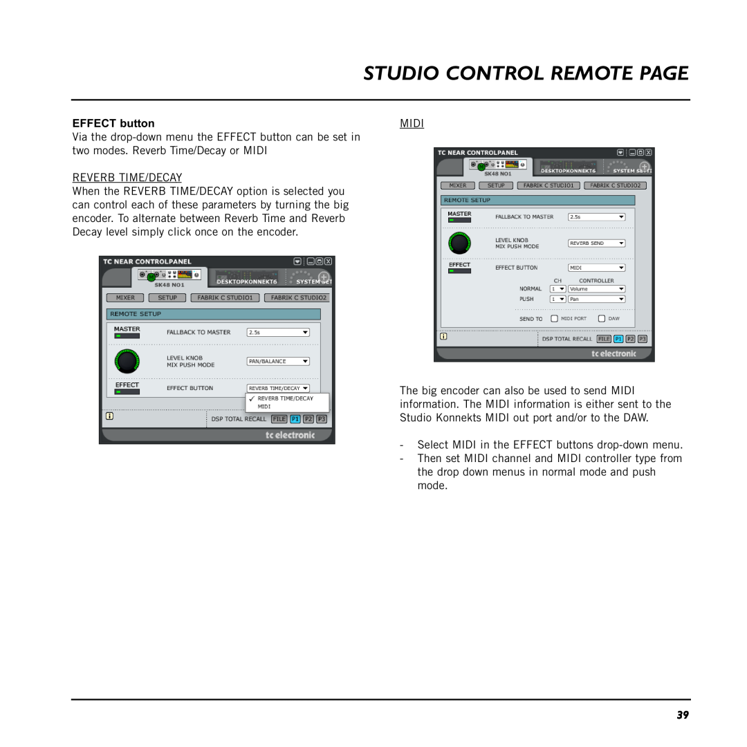 TC electronic SDN BHD 48 user manual EFFECT button, Studio Control Remote Page 