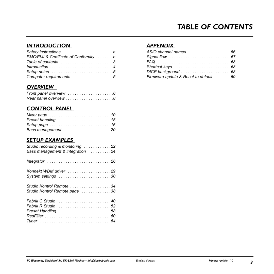 TC electronic SDN BHD 48 user manual Table Of Contents, Introduction, Overview, Control Panel, Setup Examples, Appendix 