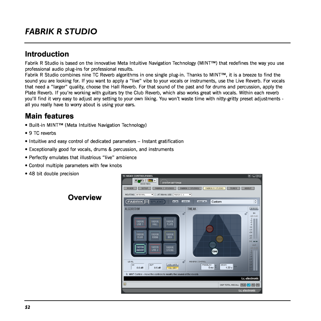 TC electronic SDN BHD 48 user manual Fabrik R Studio, Overview, Introduction, Main features 