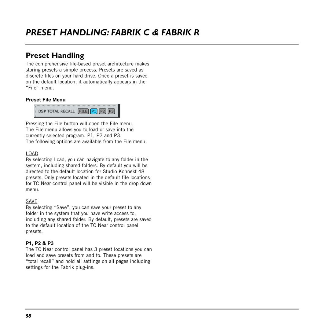 TC electronic SDN BHD 48 user manual Preset Handling Fabrik C & Fabrik R, Preset File Menu, P1, P2 & P3 