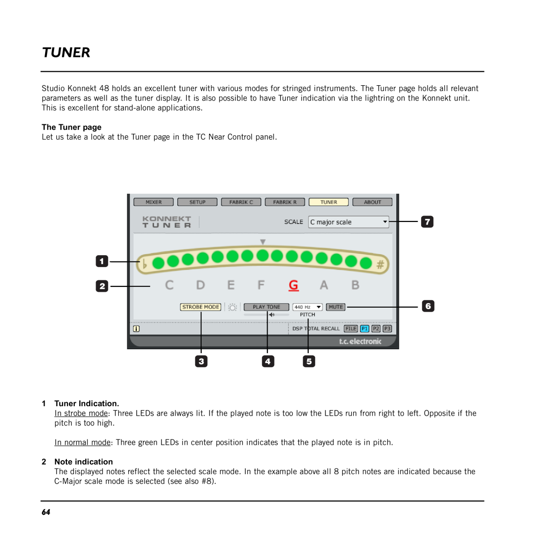 TC electronic SDN BHD 48 user manual The Tuner page, 1Tuner Indication, 2Note indication 
