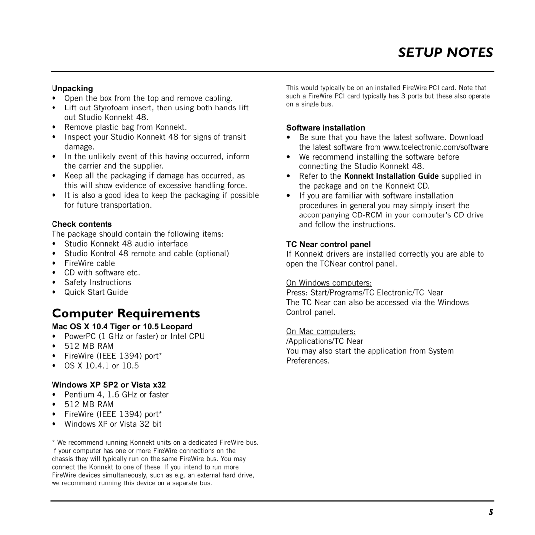 TC electronic SDN BHD 48 user manual Setup Notes, Computer Requirements, Unpacking, Check contents, Windows XP SP2 or Vista 