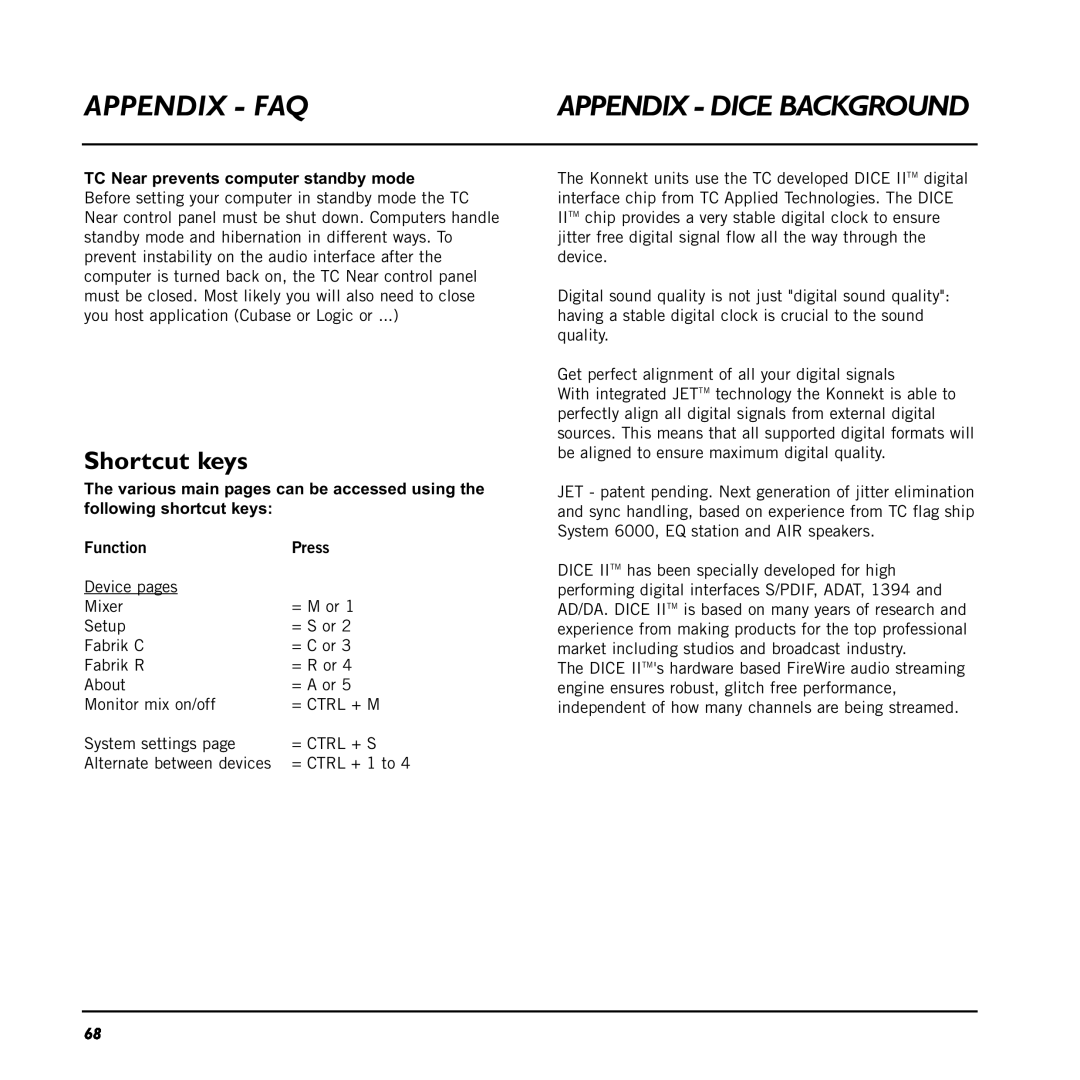 TC electronic SDN BHD 48 user manual Appendix - Faq, Appendix - Dice Background, Shortcut keys, Function, Press 