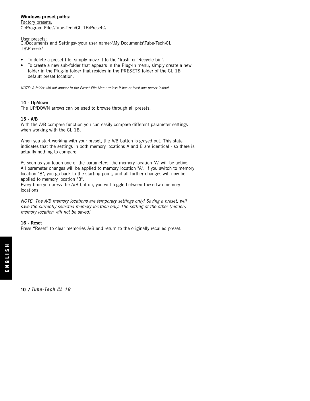 TC electronic SDN BHD CL 1B manual Windows preset paths, Up/down, 15 A/B, Reset 