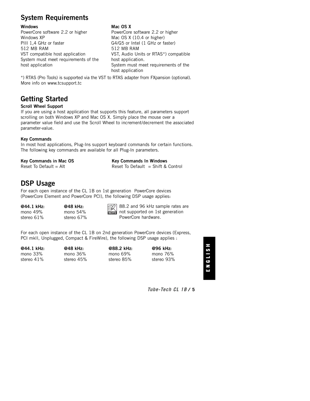 TC electronic SDN BHD CL 1B manual System Requirements, Getting Started, DSP Usage 