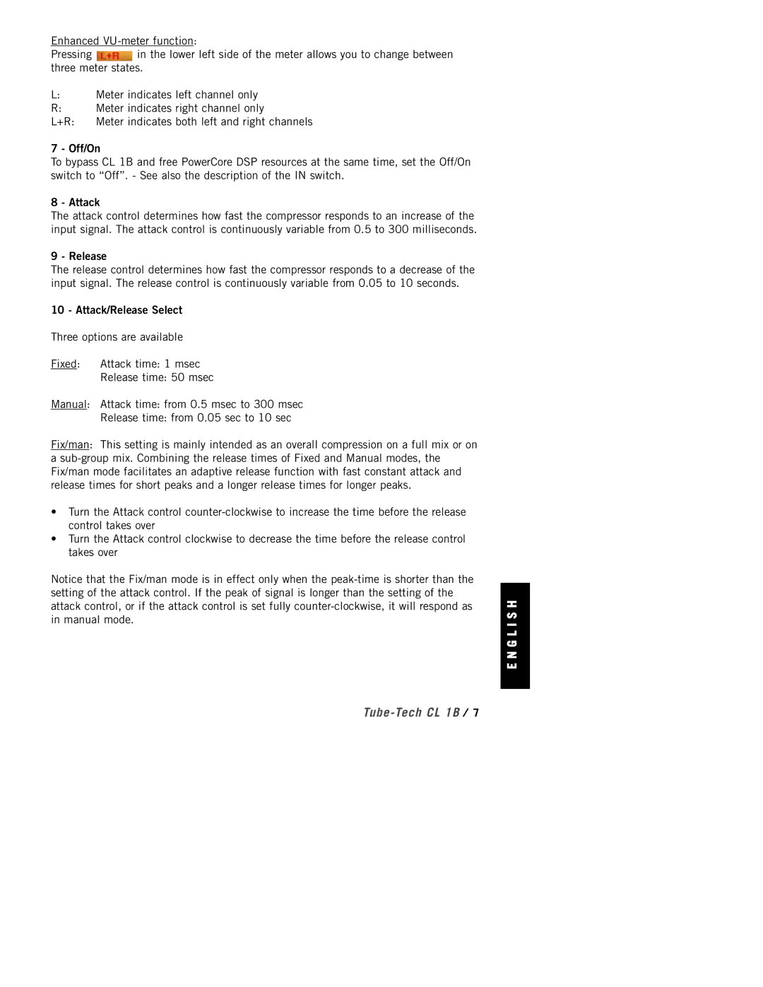 TC electronic SDN BHD CL 1B manual Off/On, Attack/Release Select 