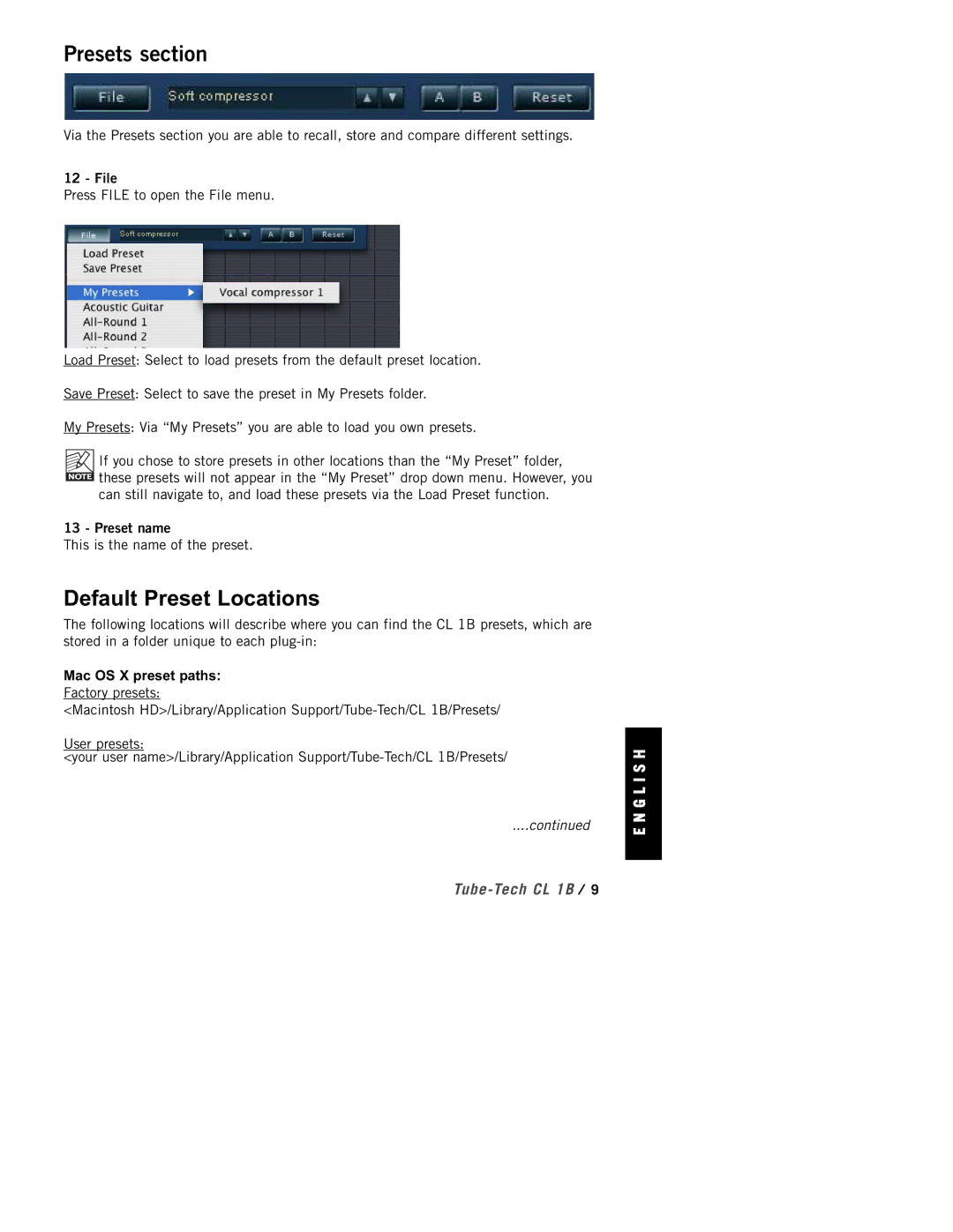 TC electronic SDN BHD CL 1B manual Presets section, Default Preset Locations, File, Preset name, Mac OS X preset paths 