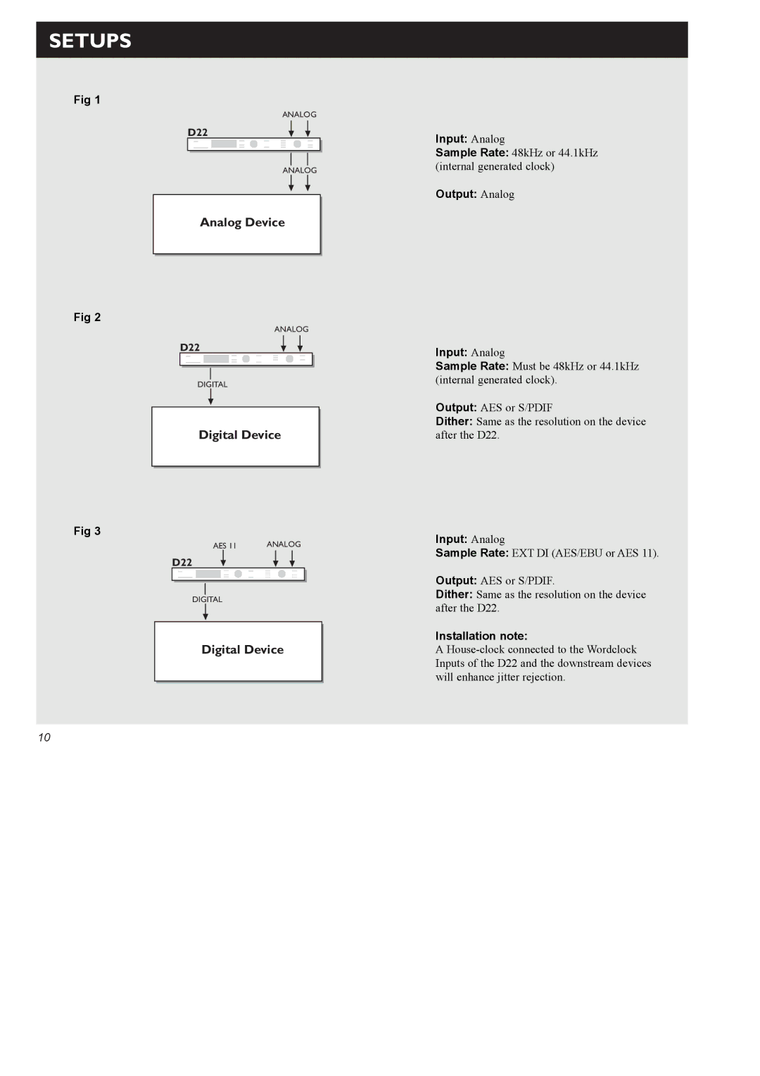 TC electronic SDN BHD D22 user manual Setups, Output Analog Input Analog, Installation note 