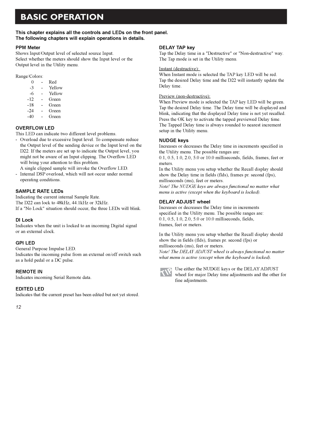 TC electronic SDN BHD D22 user manual Basic Operation 