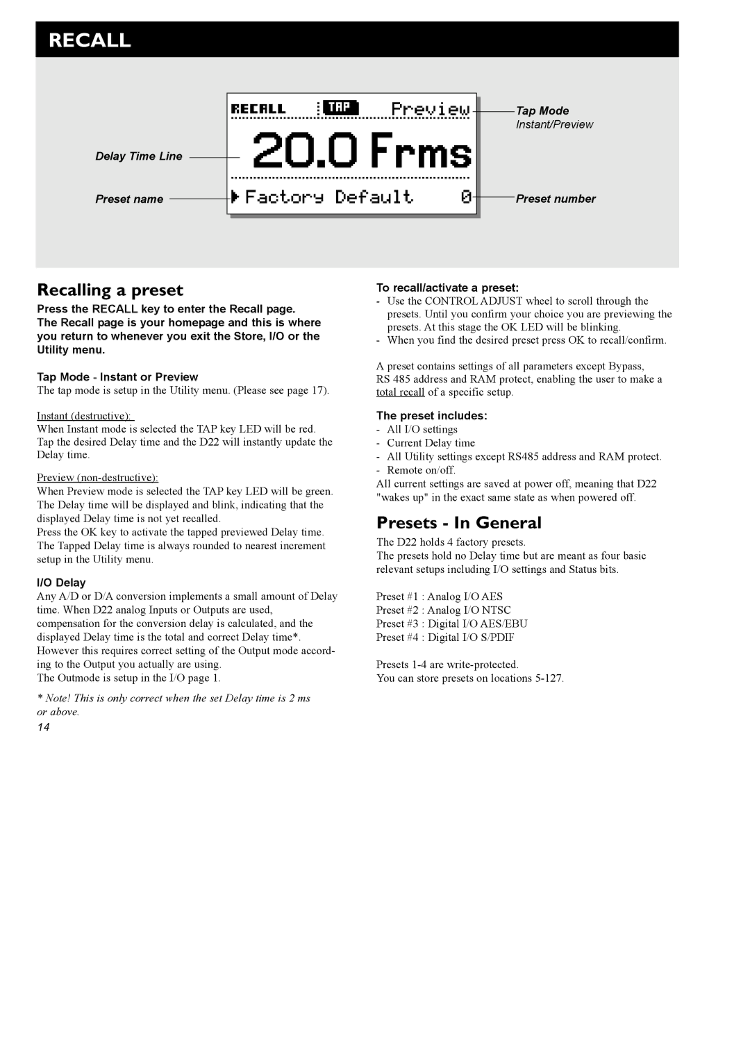 TC electronic SDN BHD D22 user manual Recalling a preset, Presets In General 