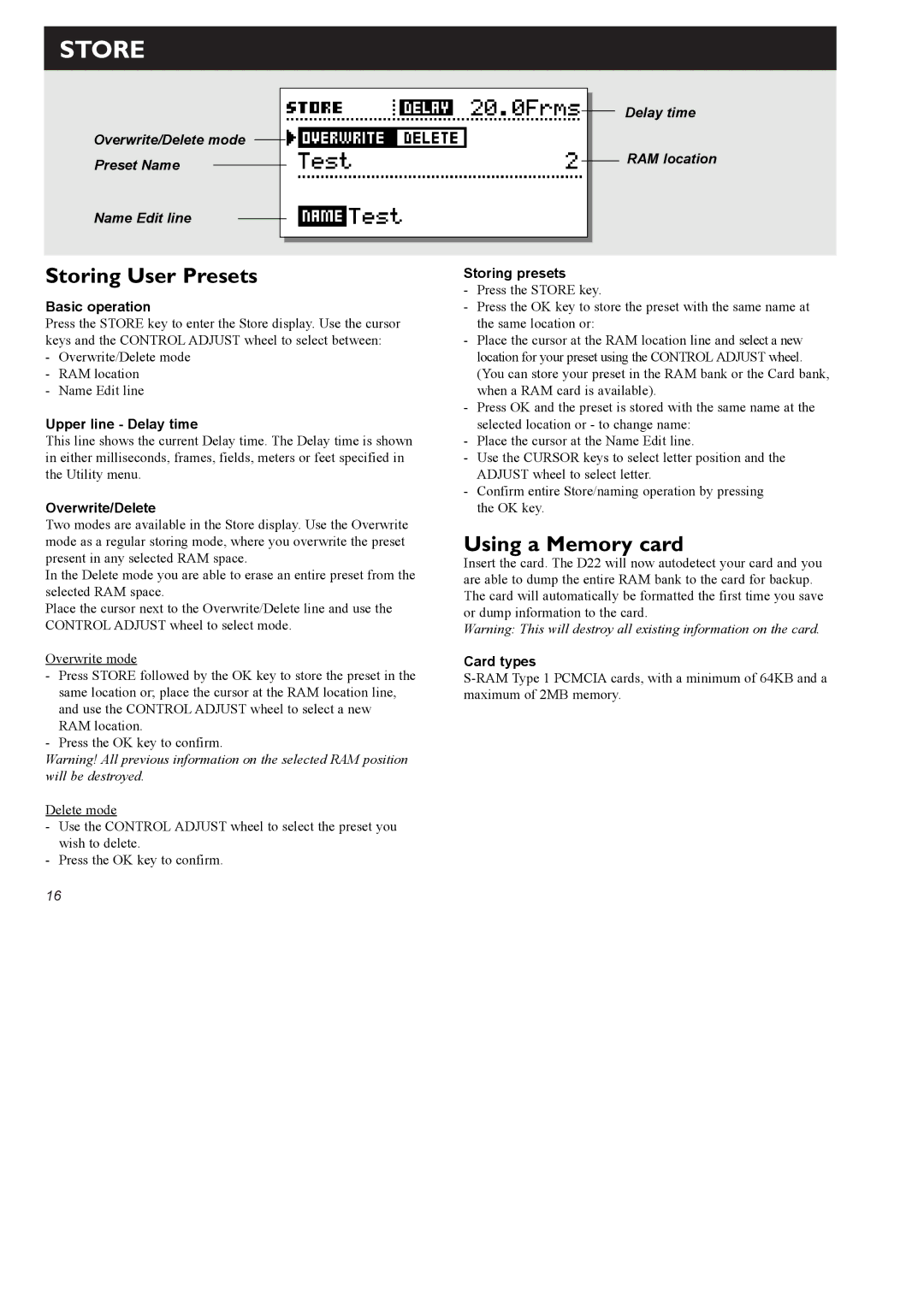 TC electronic SDN BHD D22 user manual Store, Storing User Presets, Using a Memory card 