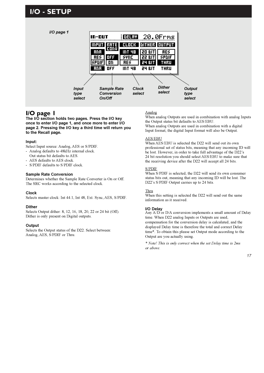 TC electronic SDN BHD D22 user manual Setup, Sample Rate Conversion, Clock, Dither, Output 