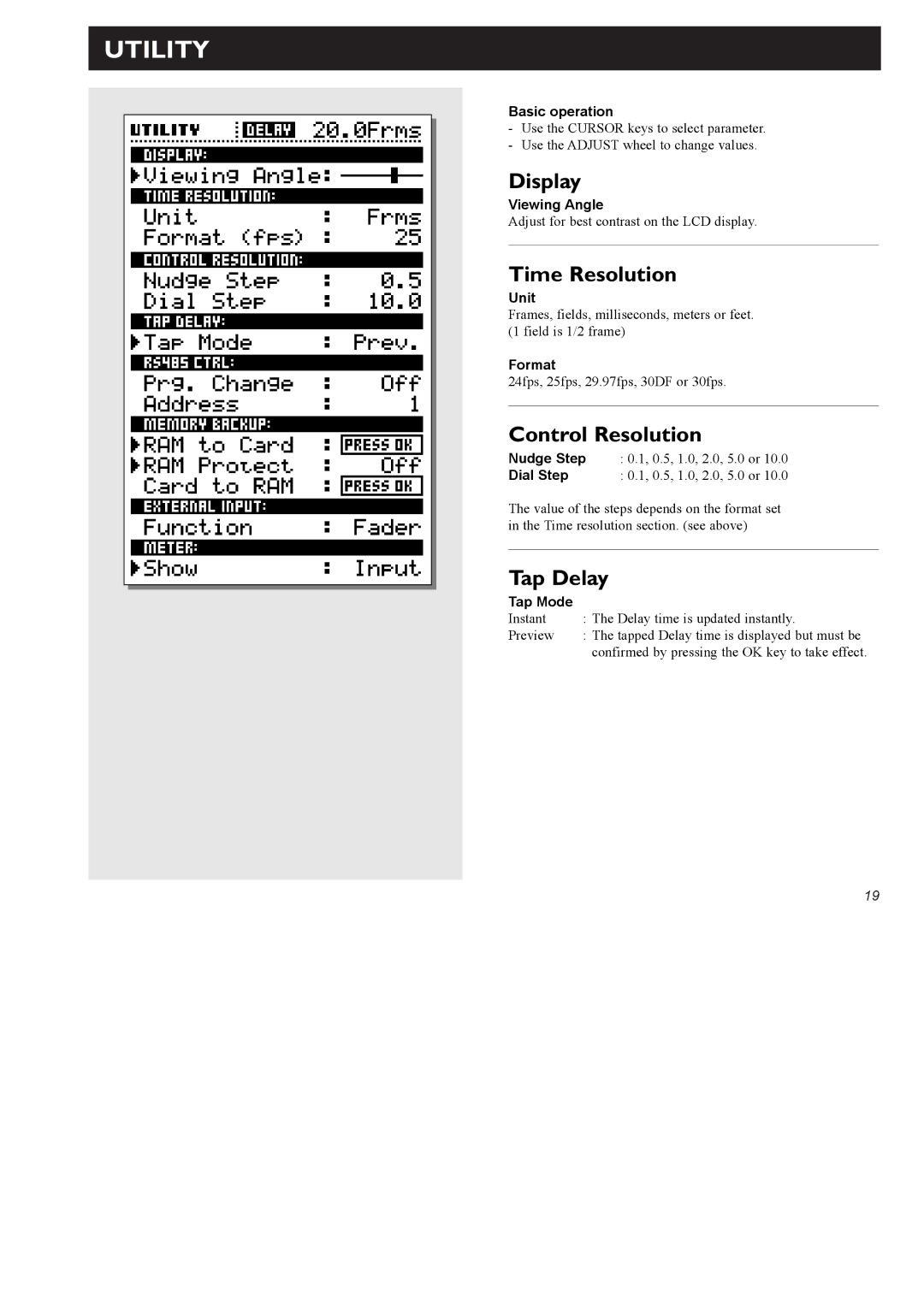 TC electronic SDN BHD D22 user manual Utility, Display, Time Resolution, Control Resolution, Tap Delay 