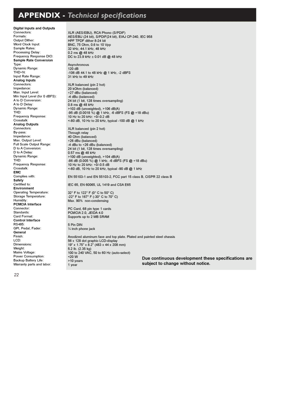 TC electronic SDN BHD D22 user manual Appendix Technical specifications 