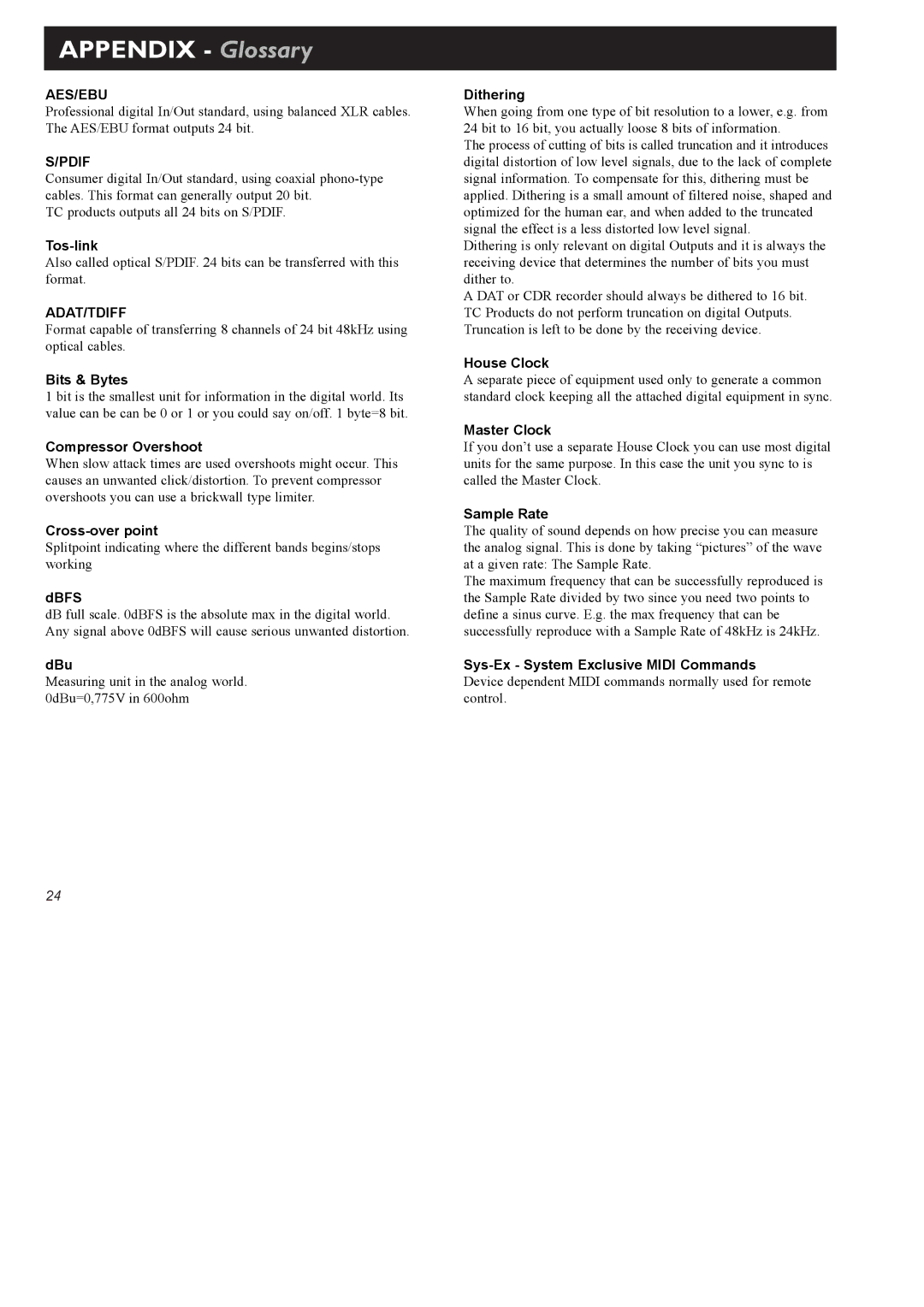 TC electronic SDN BHD D22 user manual Tos-link, Bits & Bytes, Compressor Overshoot, Cross-over point, Dbfs, DBu, Dithering 