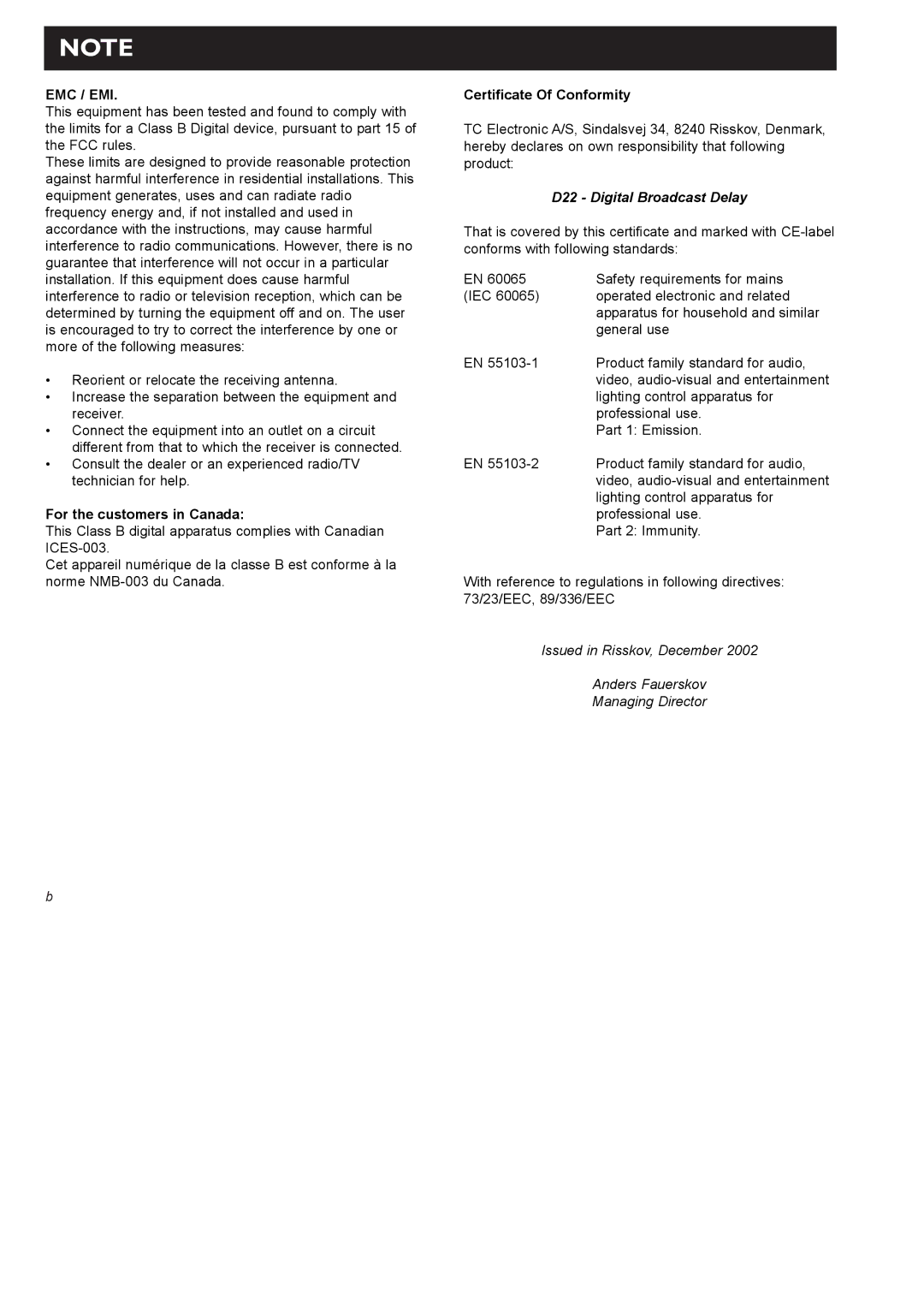 TC electronic SDN BHD D22 user manual For the customers in Canada, Certificate Of Conformity 