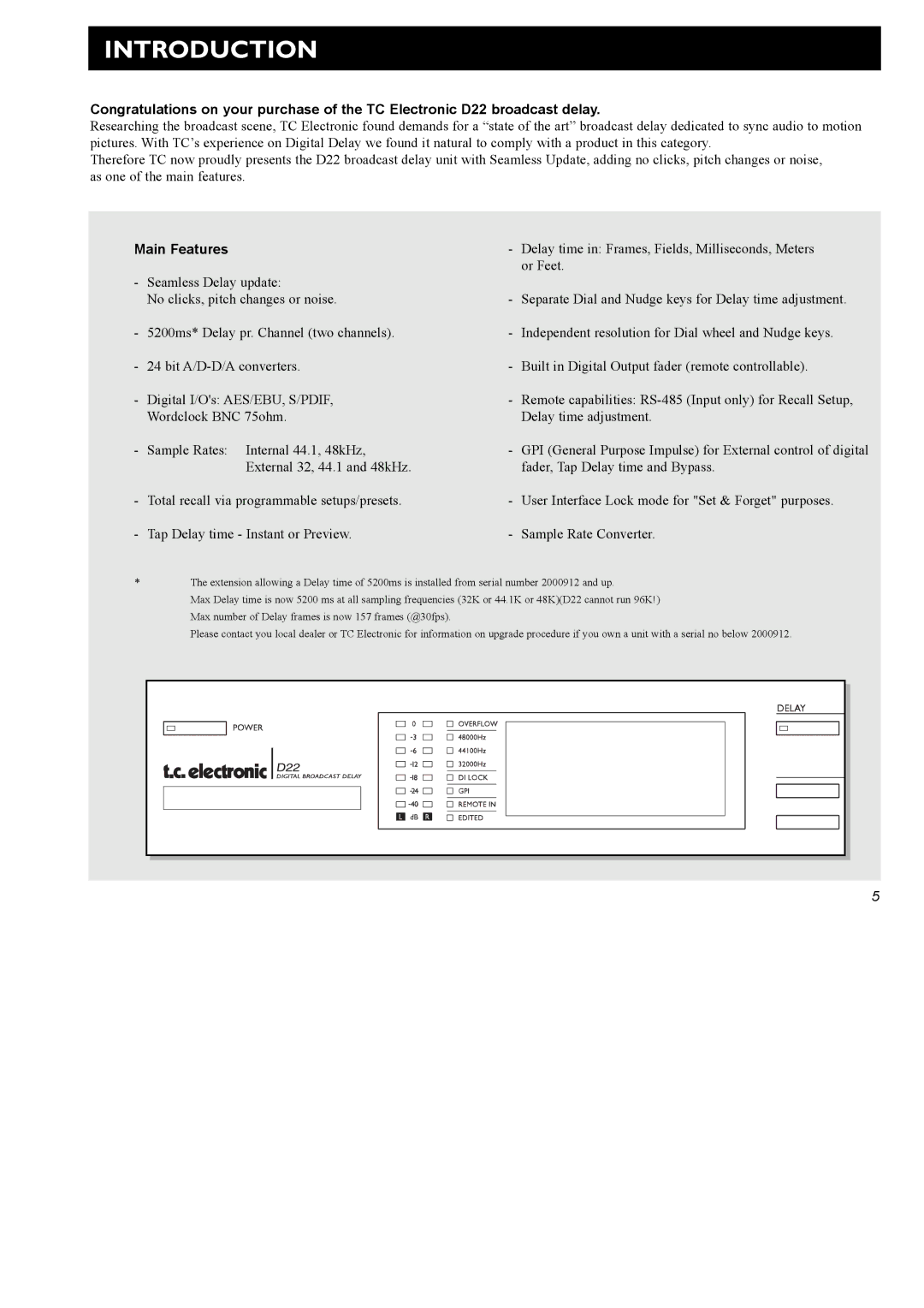 TC electronic SDN BHD D22 user manual Introduction, Main Features 