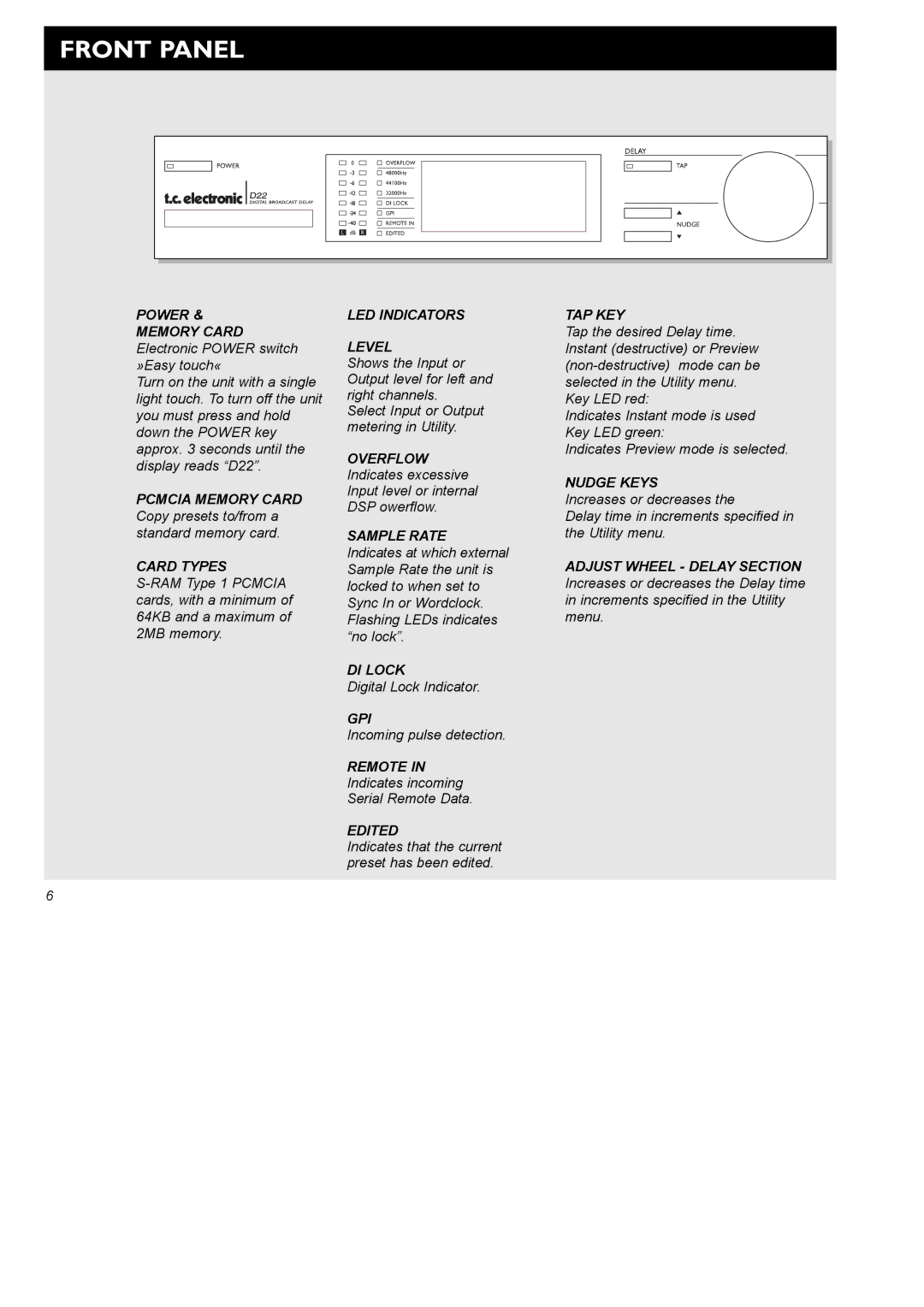 TC electronic SDN BHD D22 user manual Front Panel, Power & Memory Card Electronic Power switch »Easy touch« 