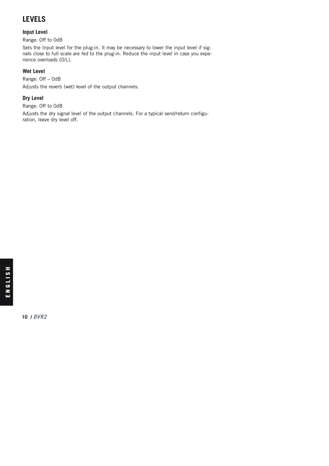 TC electronic SDN BHD DVR2 manual Levels, Input Level, Wet Level, Dry Level 