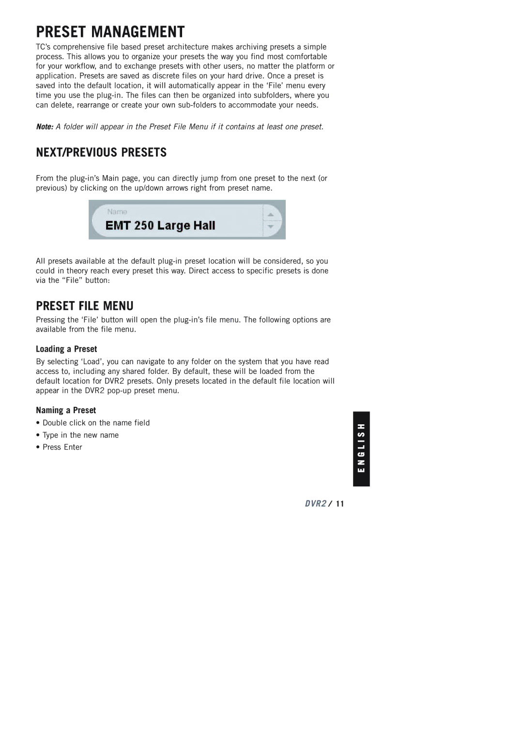 TC electronic SDN BHD DVR2 Preset Management, NEXT/PREVIOUS Presets, Preset File Menu, Loading a Preset, Naming a Preset 