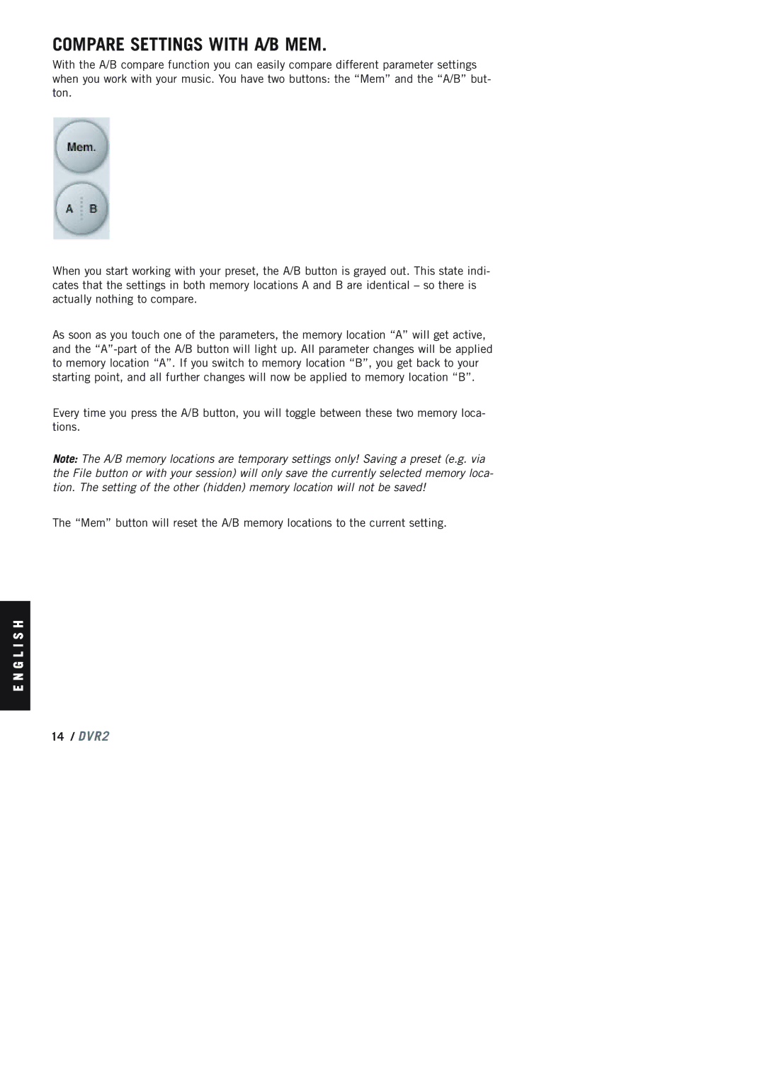 TC electronic SDN BHD DVR2 manual Compare Settings with A/B MEM 