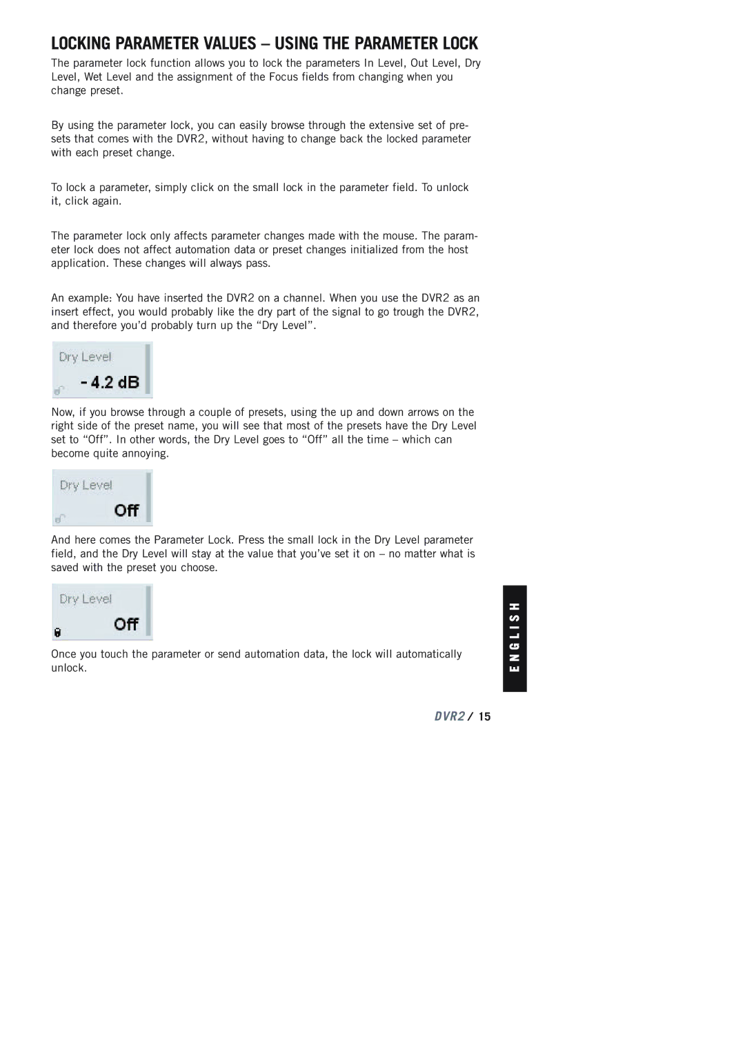 TC electronic SDN BHD DVR2 manual Locking Parameter Values Using the Parameter Lock 