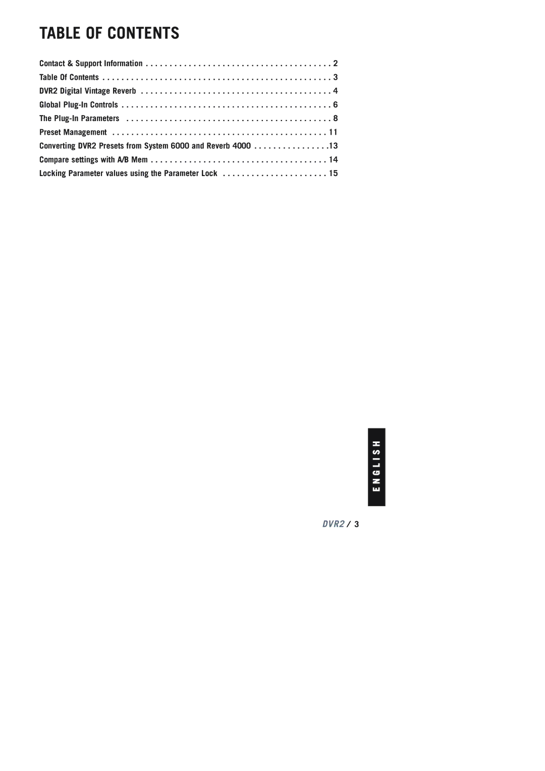 TC electronic SDN BHD DVR2 manual Table of Contents 