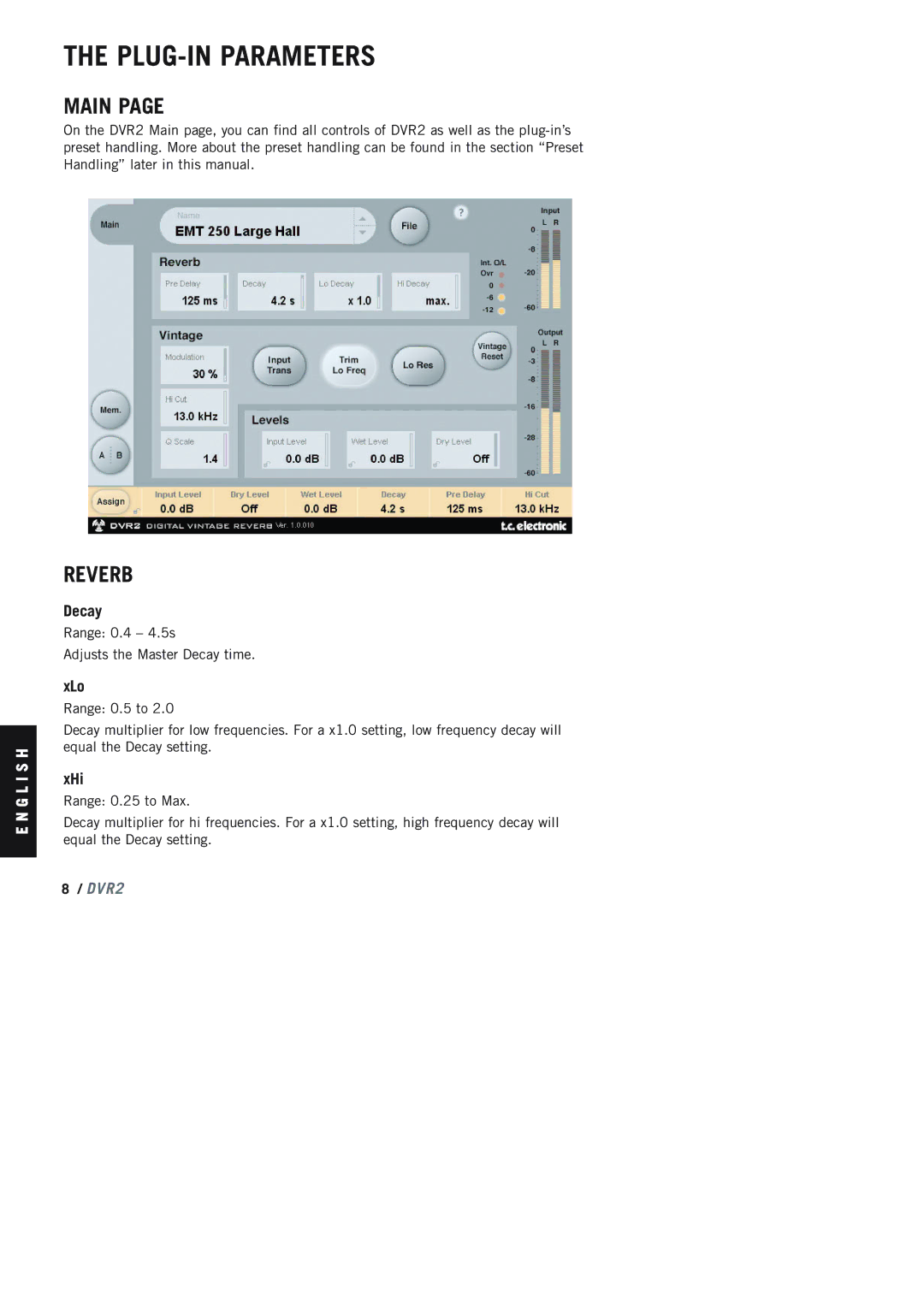 TC electronic SDN BHD DVR2 manual PLUG-IN Parameters, Main, Reverb 