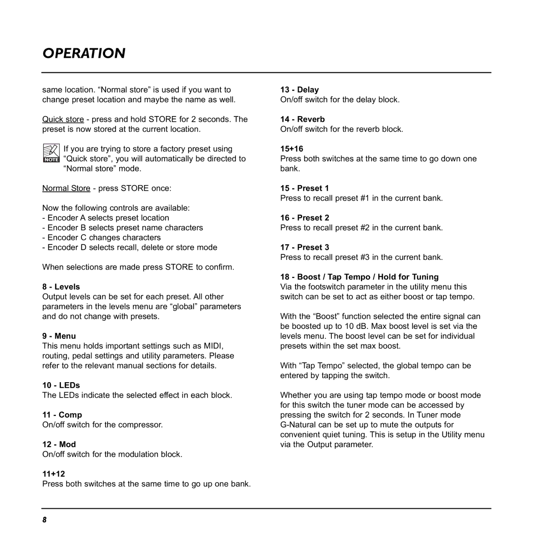 TC electronic SDN BHD G-Natural user manual Levels, Menu, LEDs, Comp, Mod, 11+12, Delay, Reverb, 15+16, Preset 