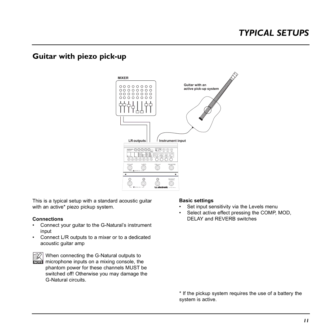 TC electronic SDN BHD G-Natural user manual Typical Setups, Guitar with piezo pick-up, Connections, Basic settings 